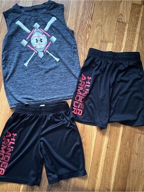 Under Armour Boys Size 7 Athletic Set 1 Tank Top & 2 Shorts HeatGear Bundle